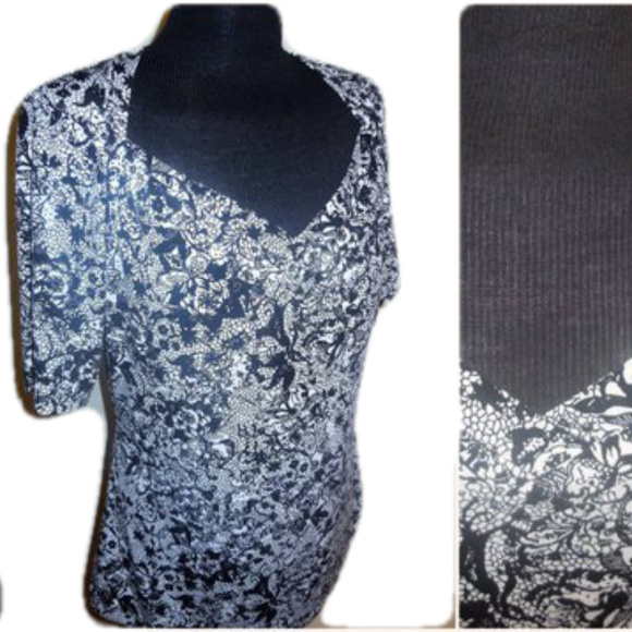 Top Black-White short sleeve Stretchy Jersey Knit spring summer blouse shirt - Picture 3 of 8